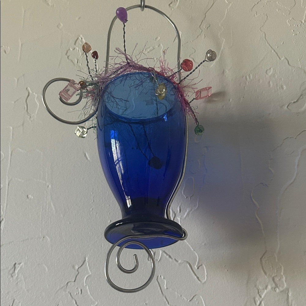 Blue Hanging Glass Vases with Wire Accents - Picture 2 of 5